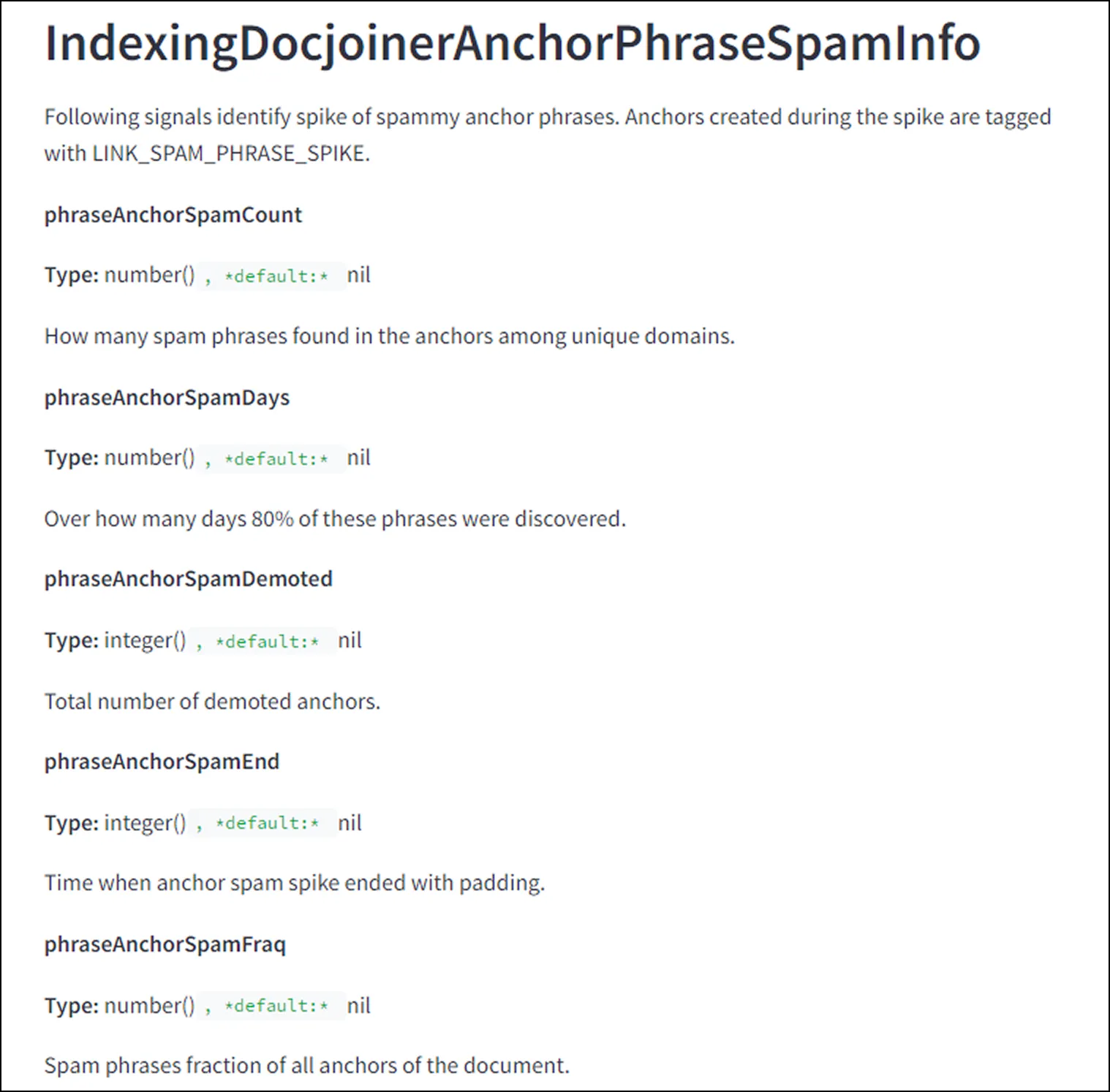 Google leaked API documentation showing IndexingDocjoinerAnchorPhraseSpamInfo attributes that track spam anchor text velocity, count, and demotion signals
