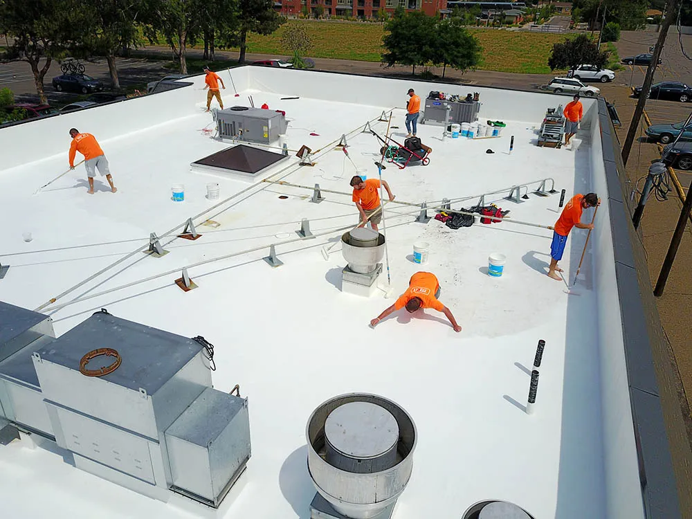 Aerial view of Fanelli's Amici's Restaurant roofing in Wheat Ridge, CO.