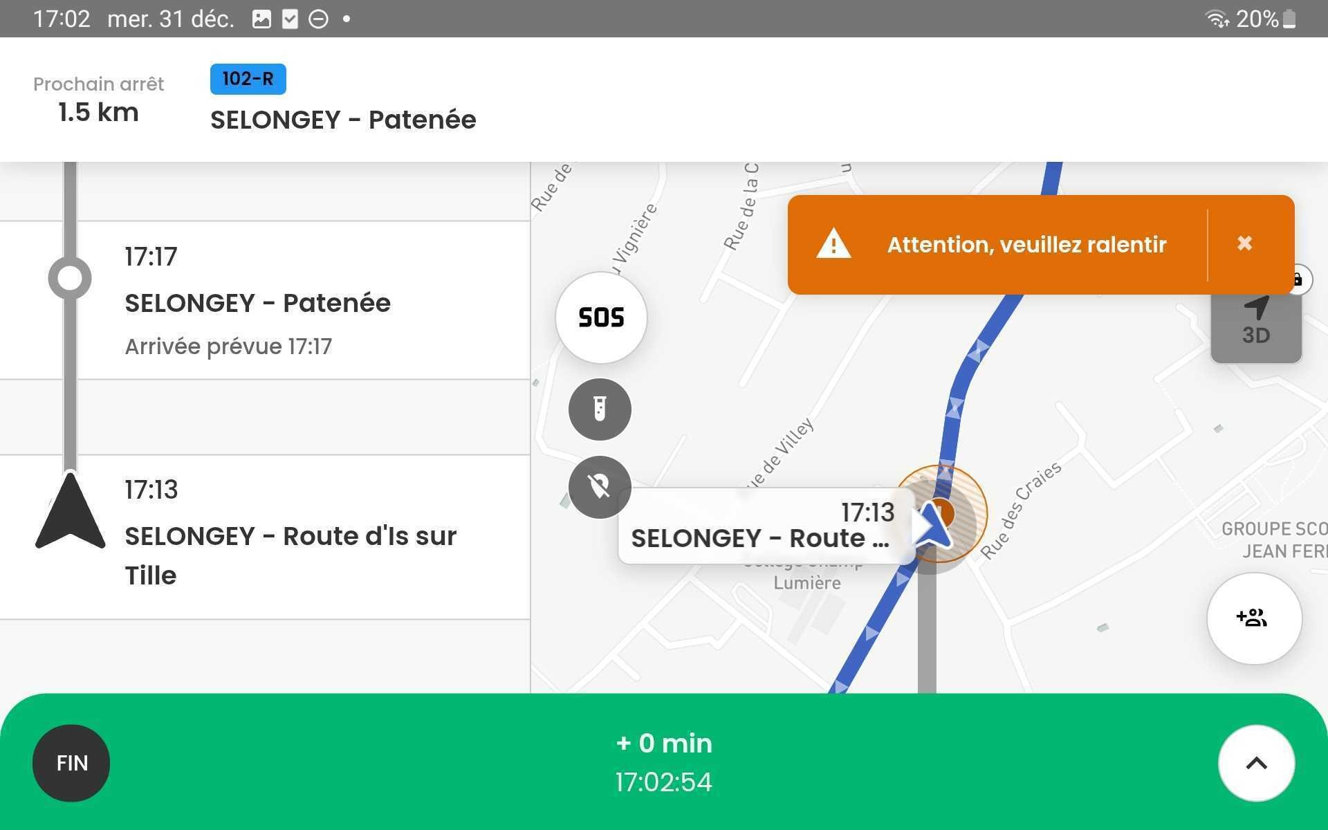 Capture d’écran de l’application conducteur Pysae affichant une alerte de zone à risque