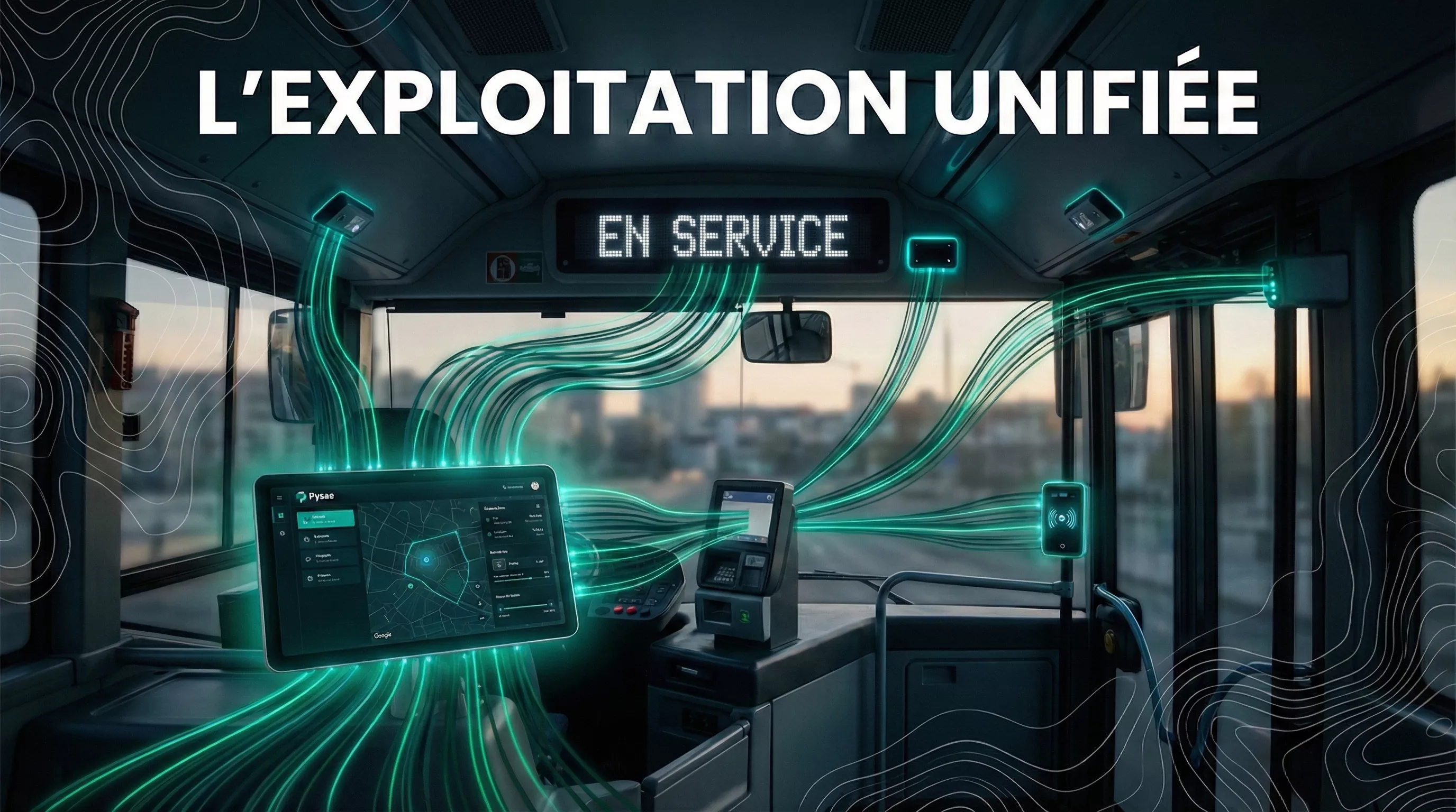 Illustration d'un écosystème de systèmes intégrés dans un bus connecté : billettique, girouette, SAEIV