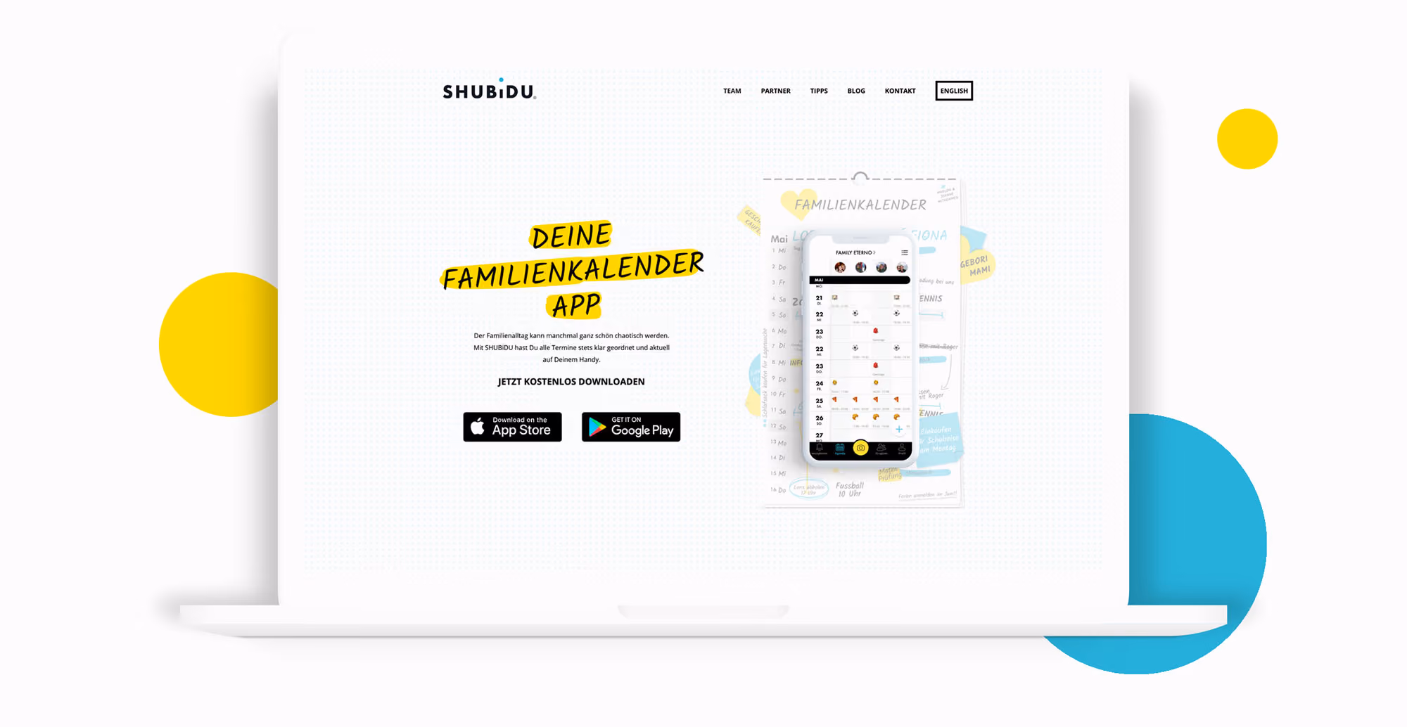 Webdesign für die Familien-App SHUBiDU auf einem Laptop