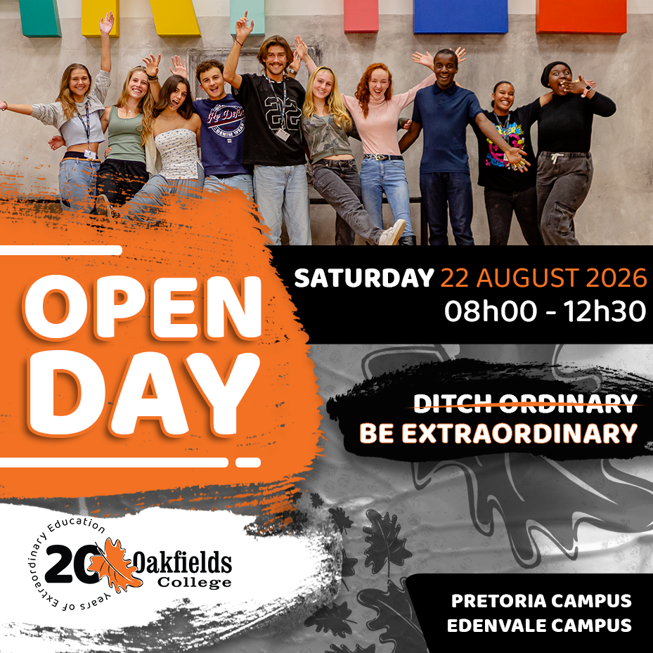 Group of smiling young people posing indoors on a wooden floor, with Oakfields College event details above.