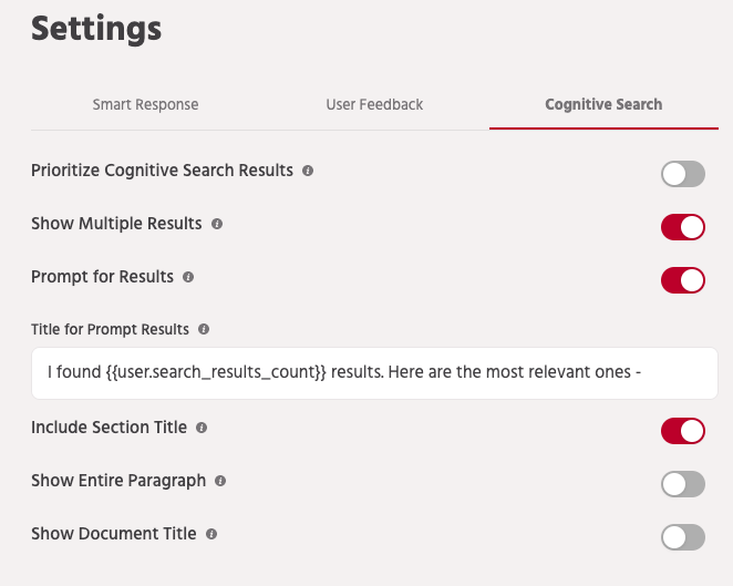 Cognitive search settings