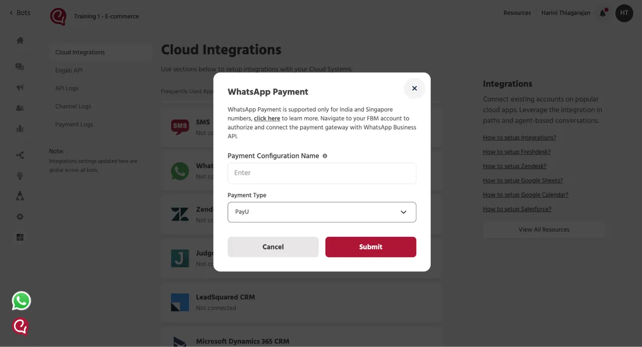 set up whatsapp payments with Engati | step 1