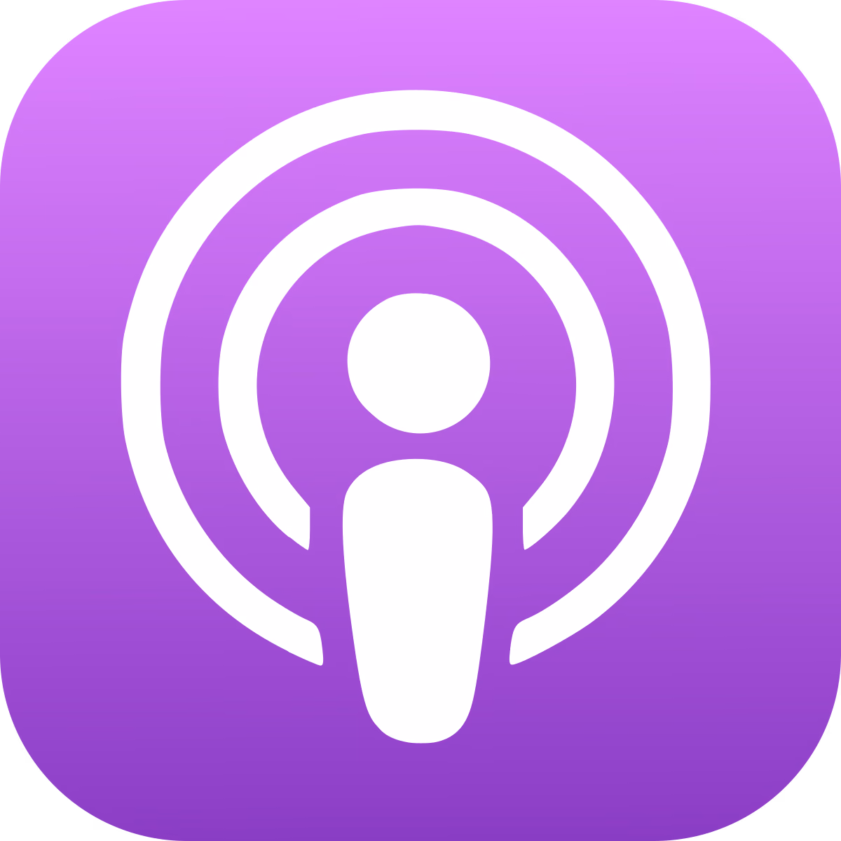 Apple Podcasts app icon featuring a white stylized person with radio waves on a purple gradient background.