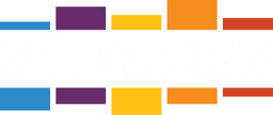 STITCHER wordmark with horizontal blue, purple, yellow, orange, and red bars above and below the text.