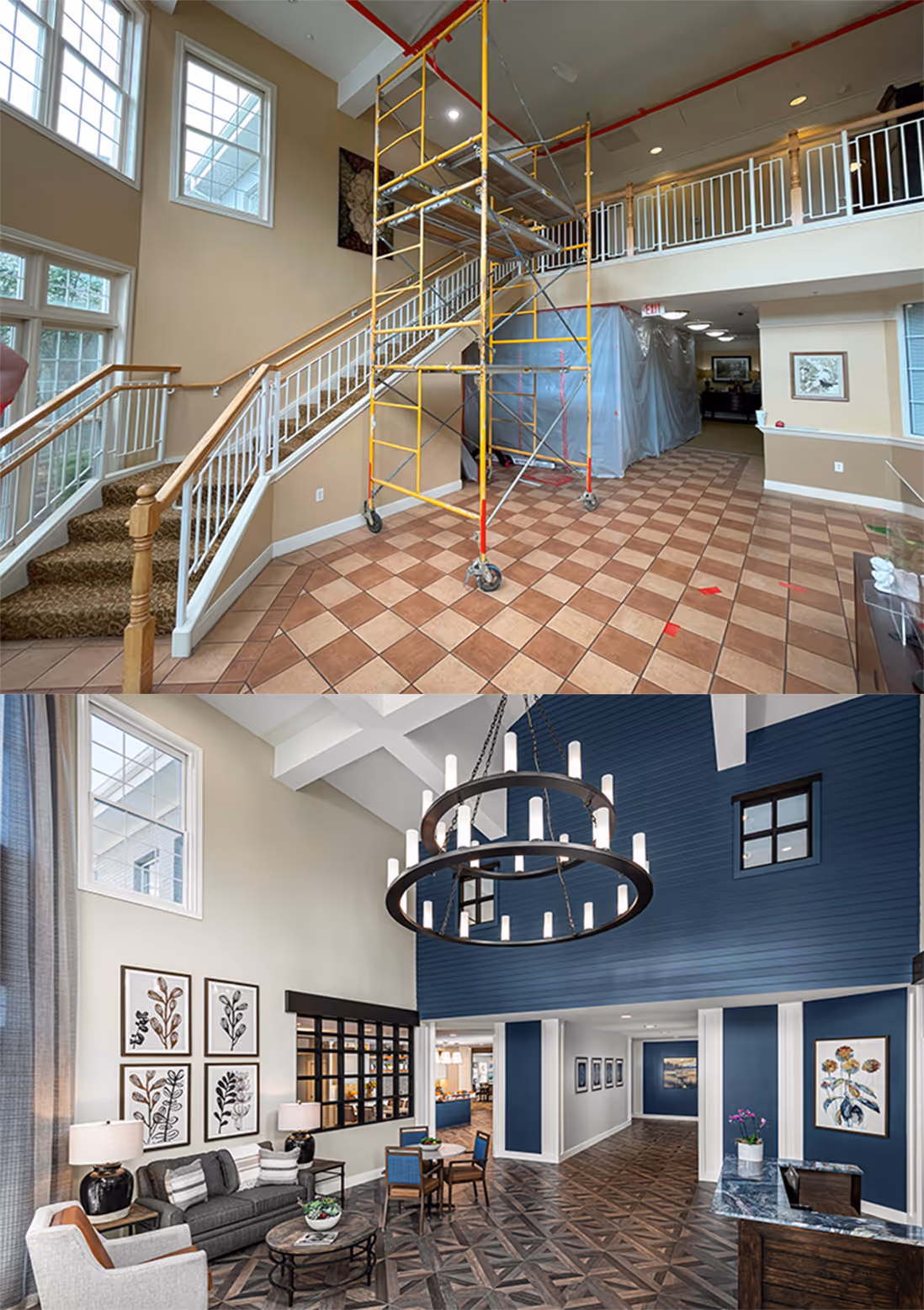 Before and after images of a building's interior showing a staircase area under construction with scaffolding above and a finished, modern lounge area with blue accent walls, chandelier, and seating.