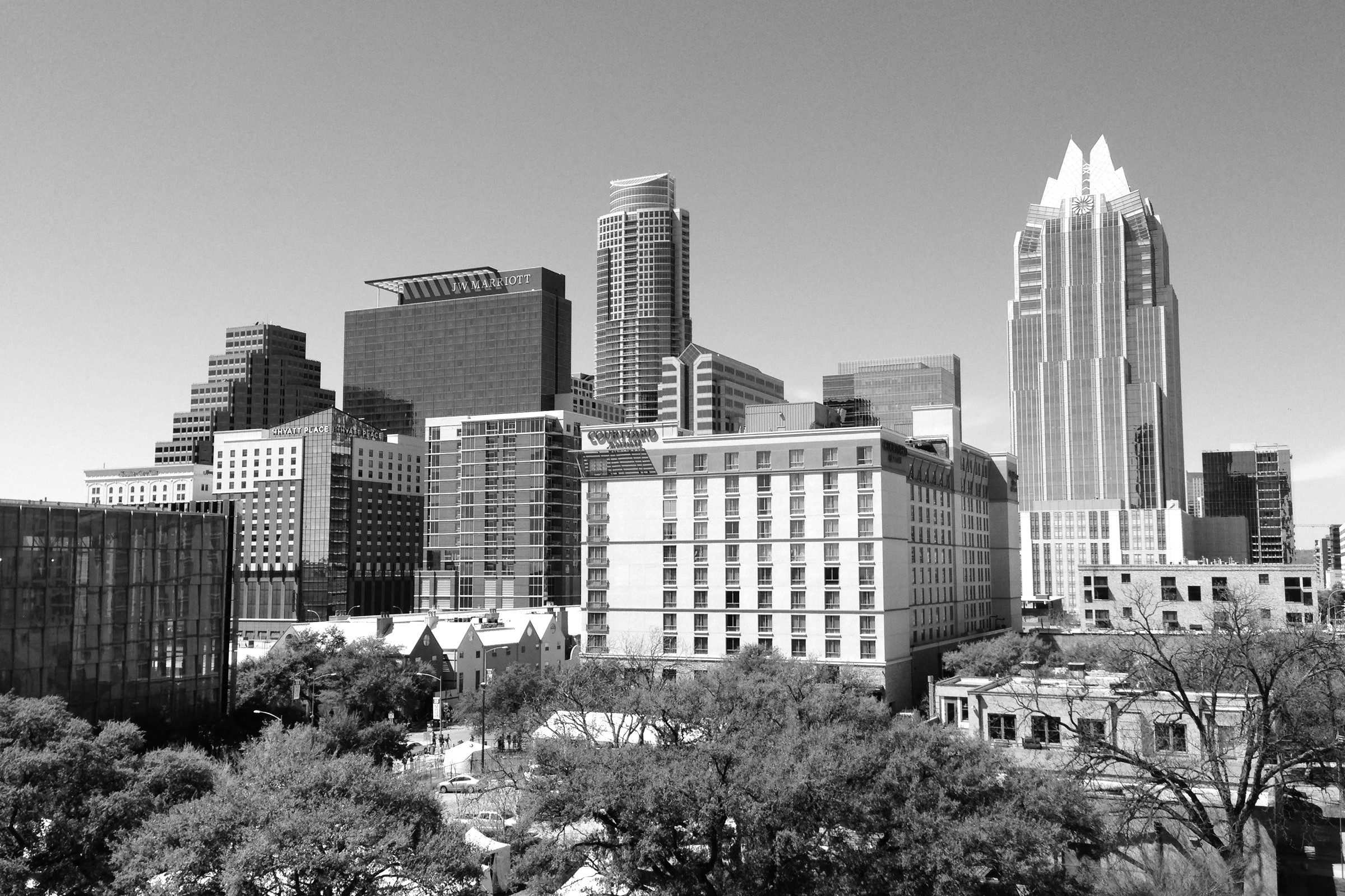 Black and white cityscape showing a cluster of high-rise buildings and trees in the foreground under a clear sky.