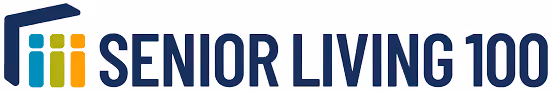 Senior Living 100 logo with blue and orange stylized icon representing a house and people.