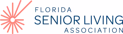 Florida Senior Living Association logo with stylized sunburst design.