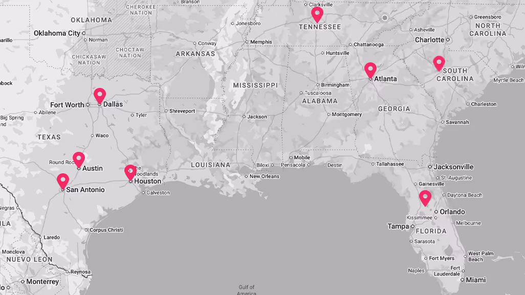 Map with location pins across TX and southeast US
