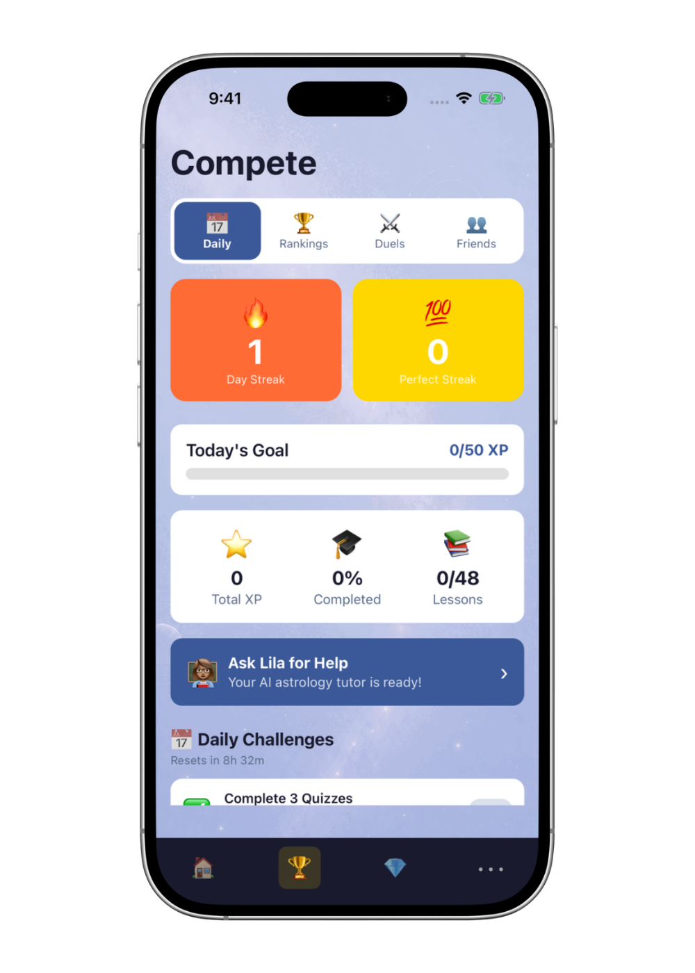 Lila University’s daily practice dashboard with learning goals, streaks, and challenges, captured from the native iPhone app.