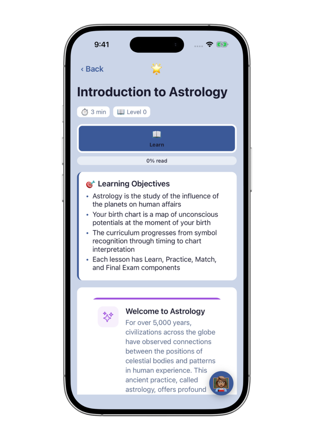 Lila University’s Introduction to Astrology lesson, captured from the native iPhone app.