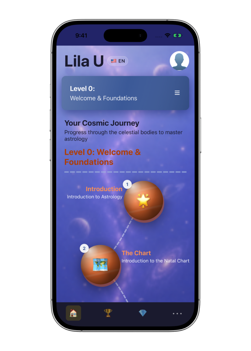 Actual Lila U app home screen showing the Cosmic Journey learning path and introductory lessons in an iPhone frame.