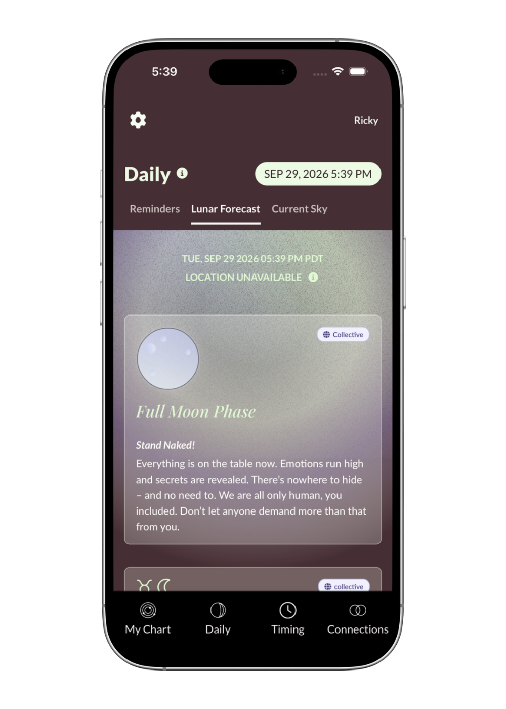 Lila Astrology App screen showing a Virgo sun birth chart with zodiac signs arranged in a circular chart and a detailed Virgo Sun description below.