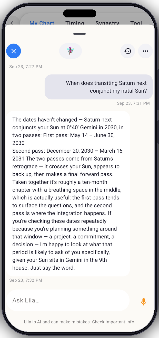 A real Lila Pro AI astrology chat screen in an iPhone frame