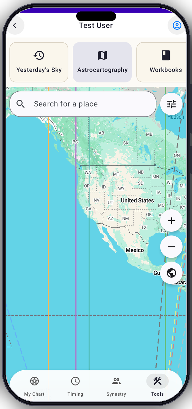 A real Lila Pro astrocartography map with planetary lines in an iPhone frame