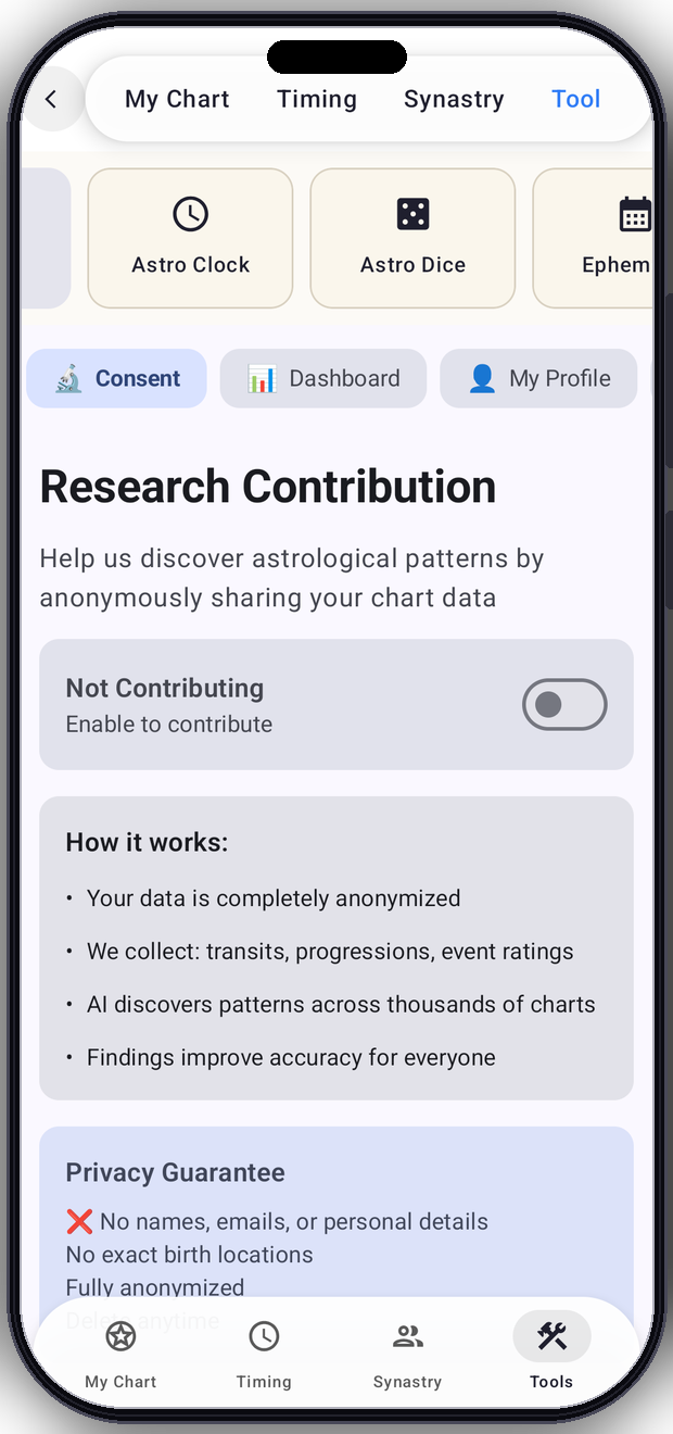 A real Lila Pro astrology research screen in an iPhone frame