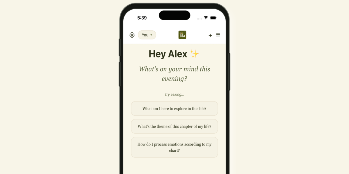 Ask Lila personalized astrology chat shown in a current iPhone frame