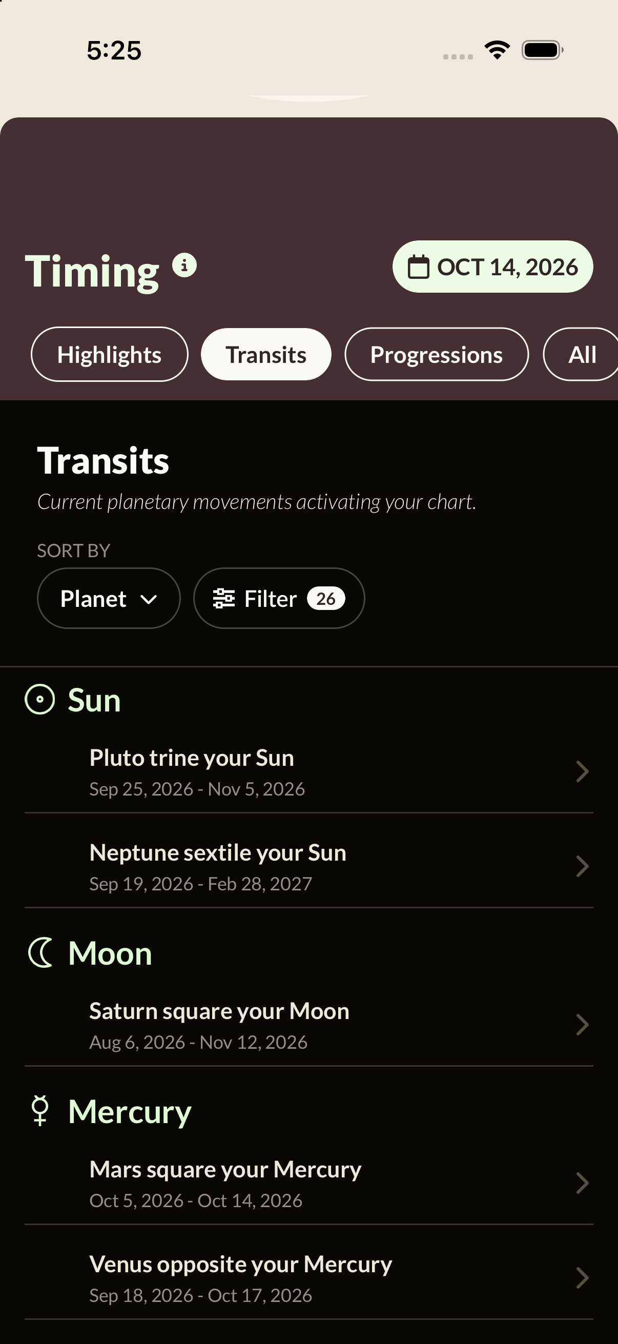 Lila Timing showing current planetary transits and their dates