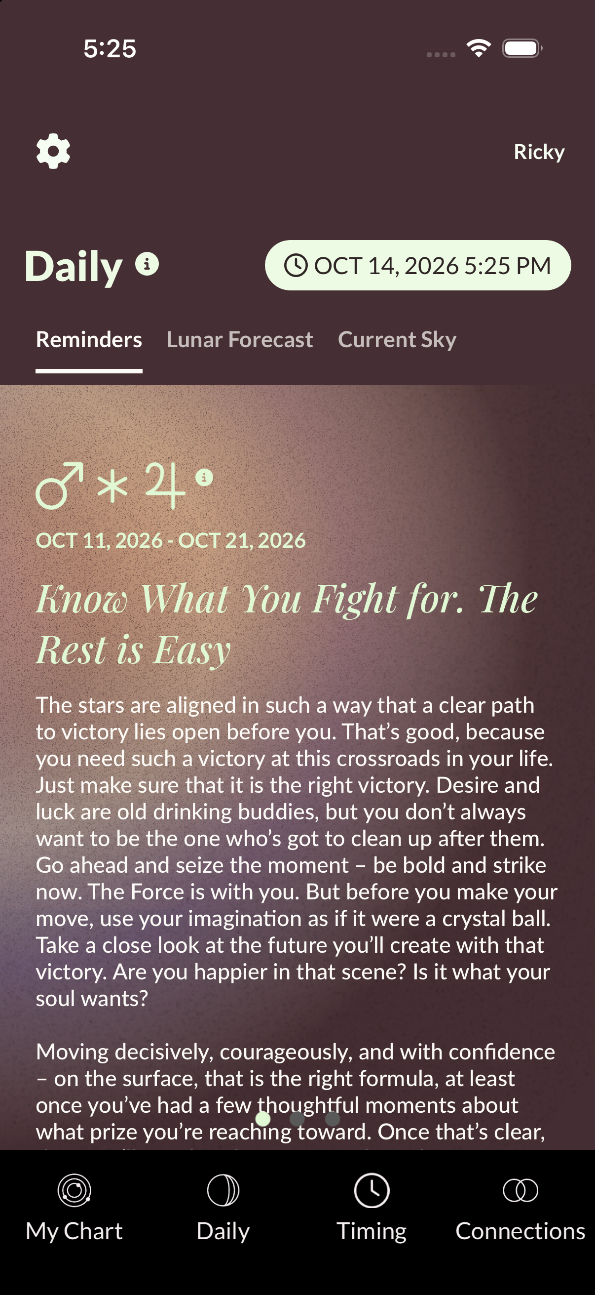 Lila Daily Reminders showing personalized Mars and Jupiter guidance