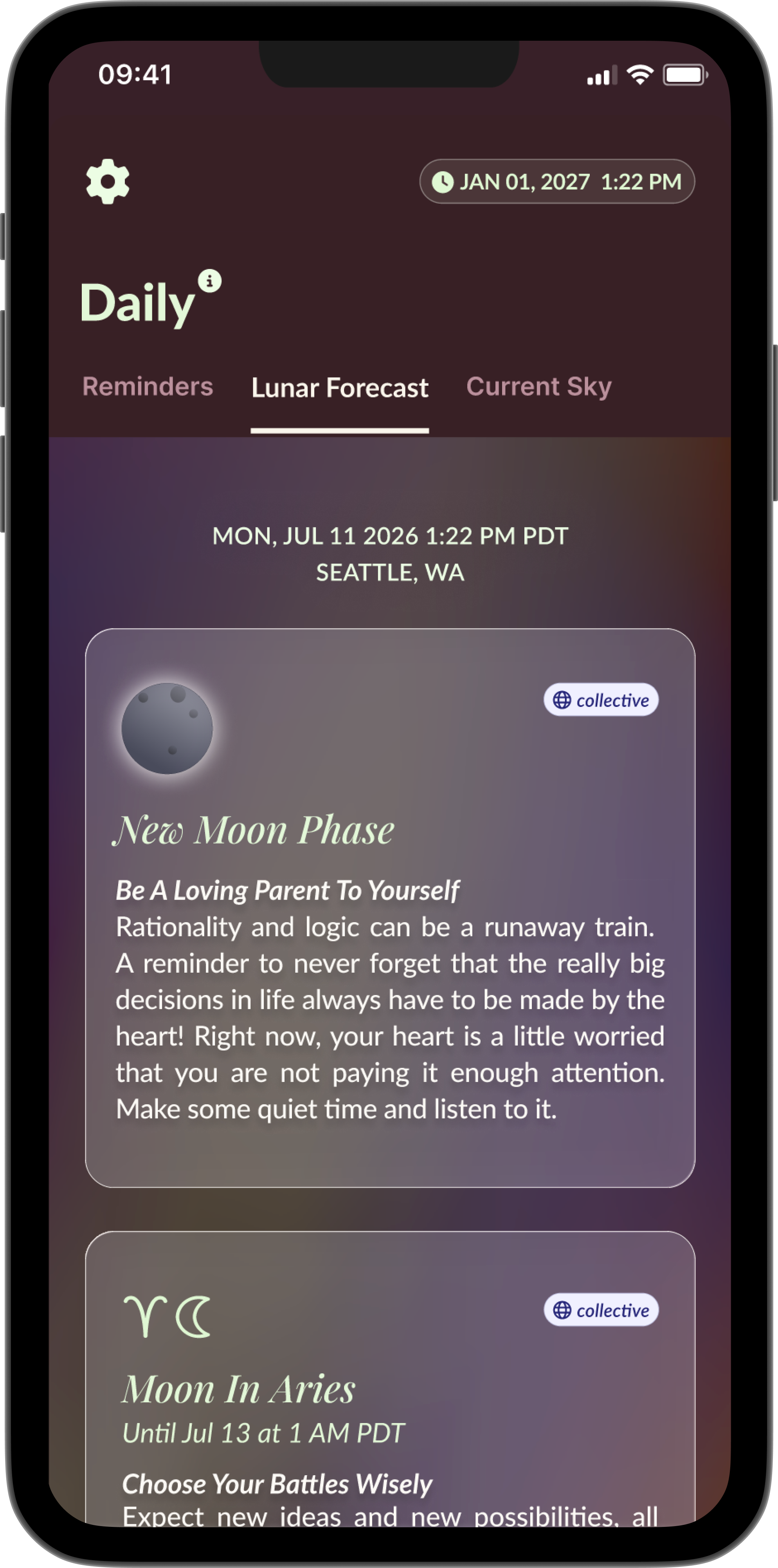 Lila Lunar Forecast showing the waxing crescent Moon and daily guidance