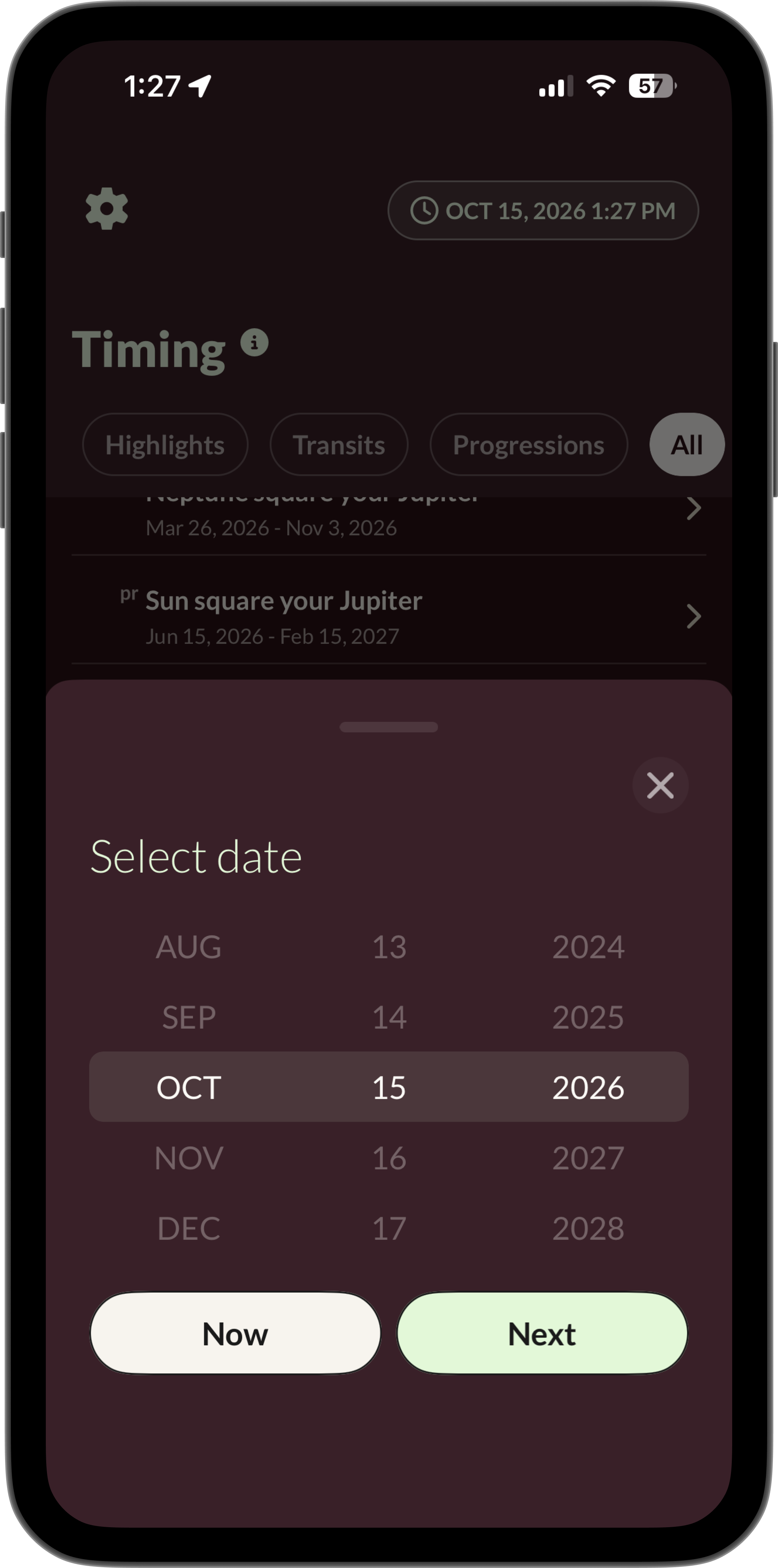 Lila Timing chart with transits, progressions, and date selection