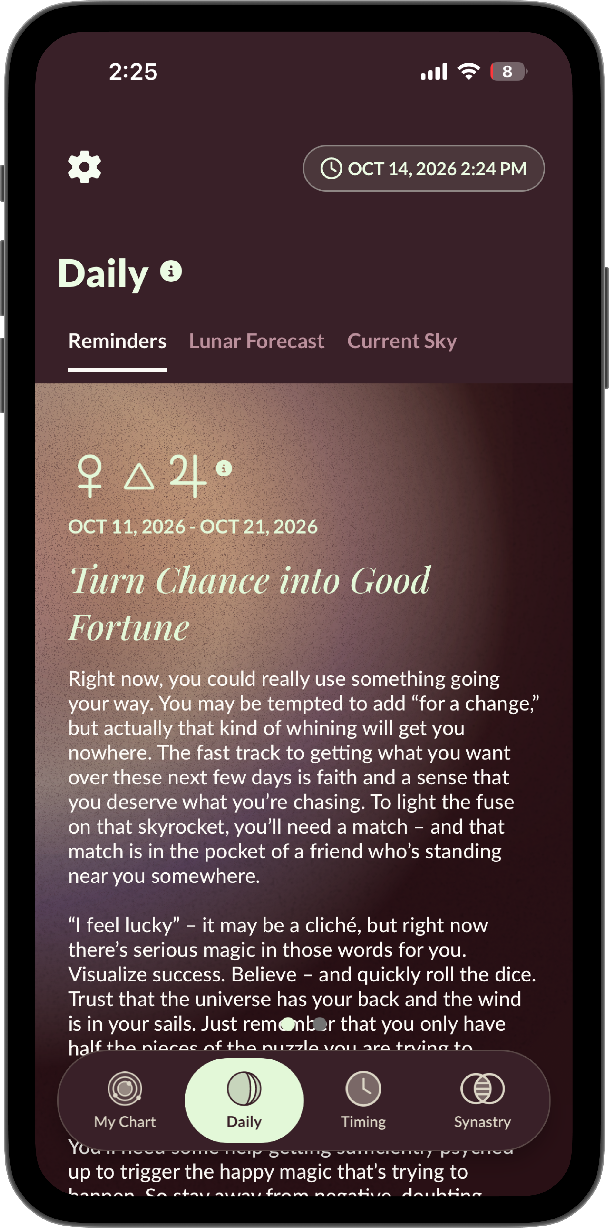Lila Daily Reminders showing personalized Mars and Jupiter guidance
