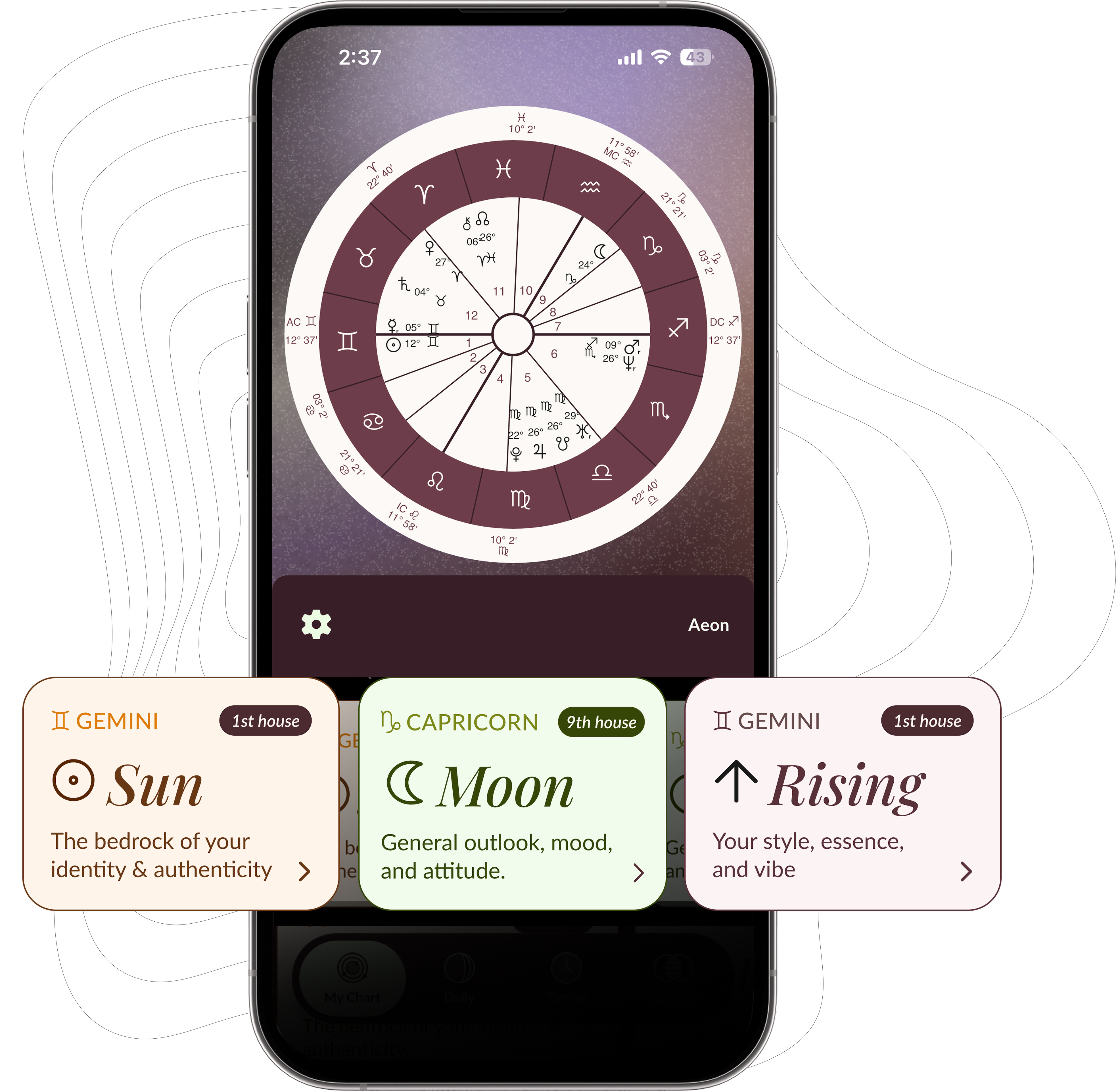 Lila birth chart on an iPhone tilted to the right