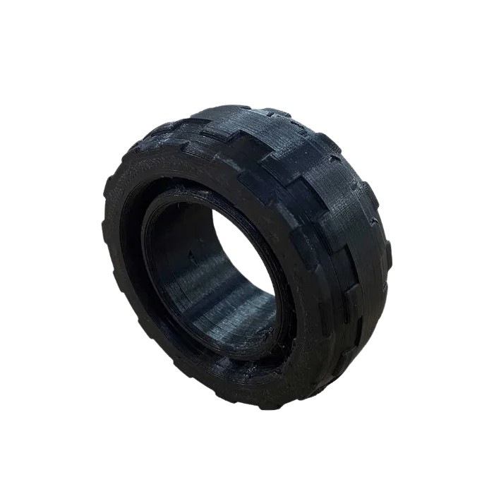 Roda flexível impressa em 3D em TPU-FLEX, elástica e resistente à abrasão.