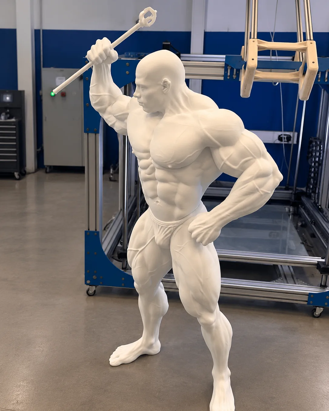 Estatua de fisicoculturista impresa en 3D en gran formato, junto a una impresora industrial Trideo
