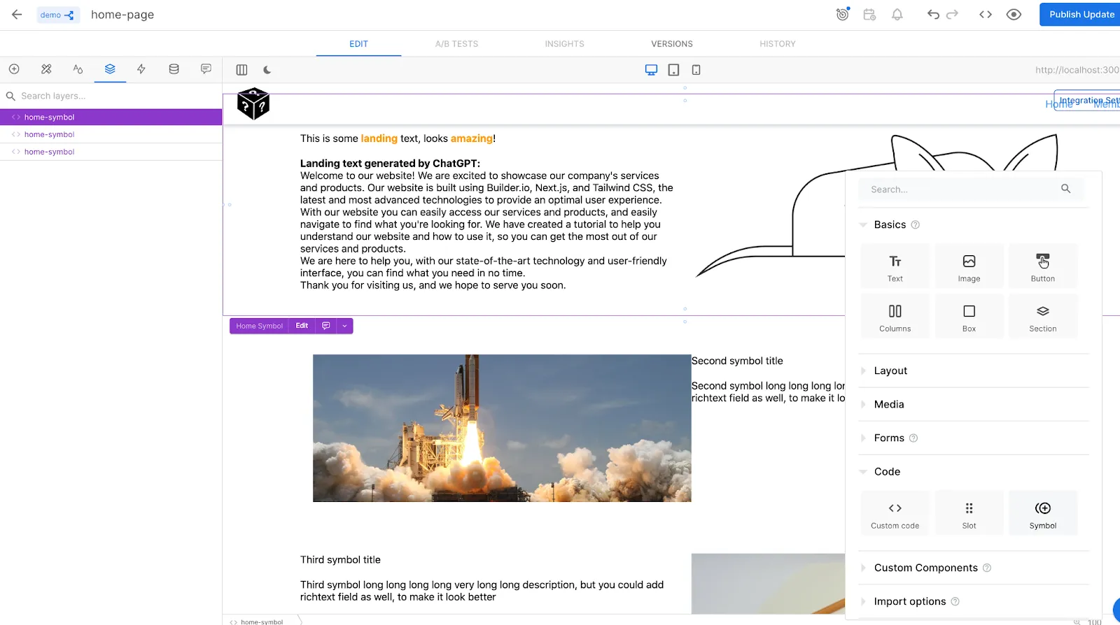 Builder.io builder screenshot with 3 symbols added and selected the first home-symbol