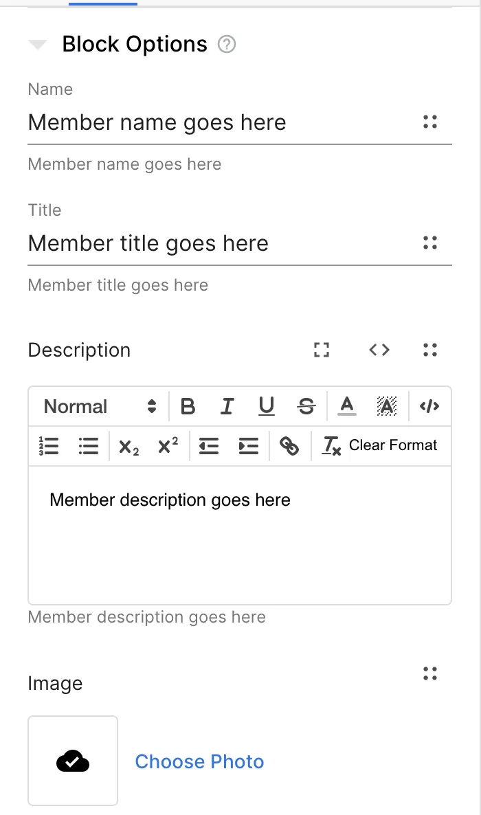 A modal of the Block options for the member, showing Name, Title and Description 