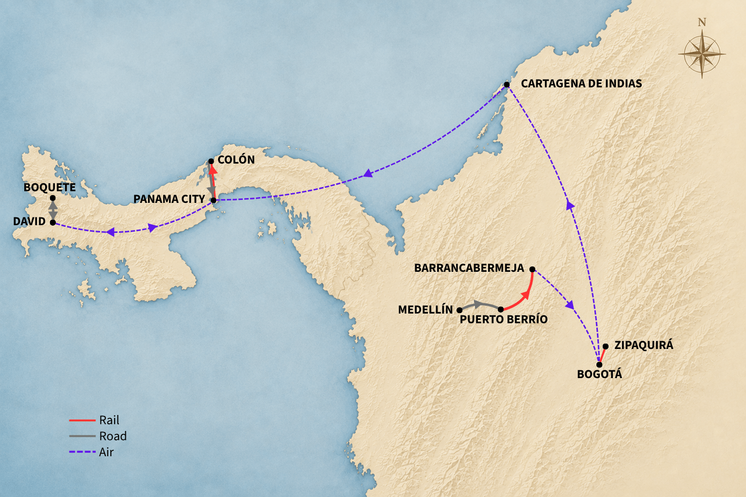 Map of the Colombia and Panama tour route from Medellín through Bogotá and Cartagena to Boquete and Panama City.