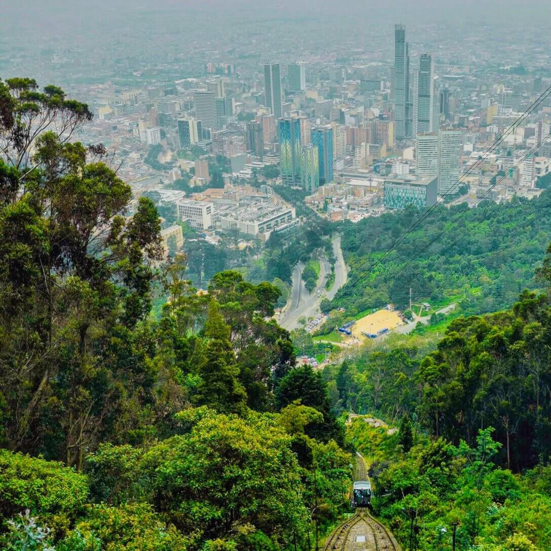 Monserrate funicular on a steep forested railway overlooking Bogotá, Colombia.