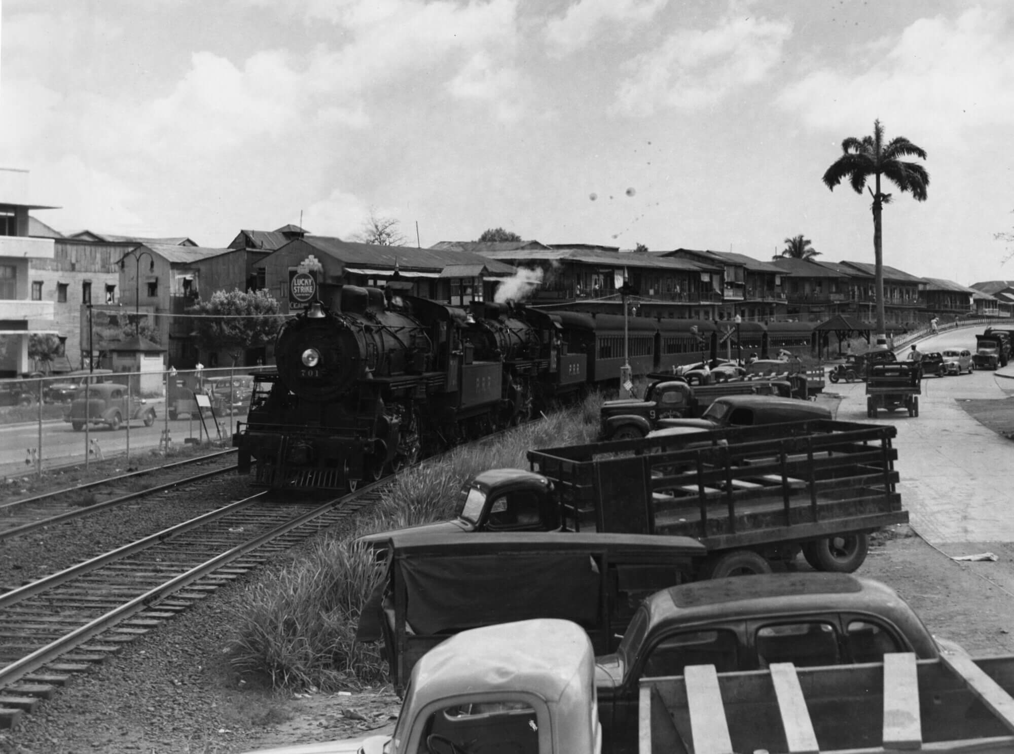 Historic Panama Railroad steam locomotives and passenger train in the Canal Zone in 1942.