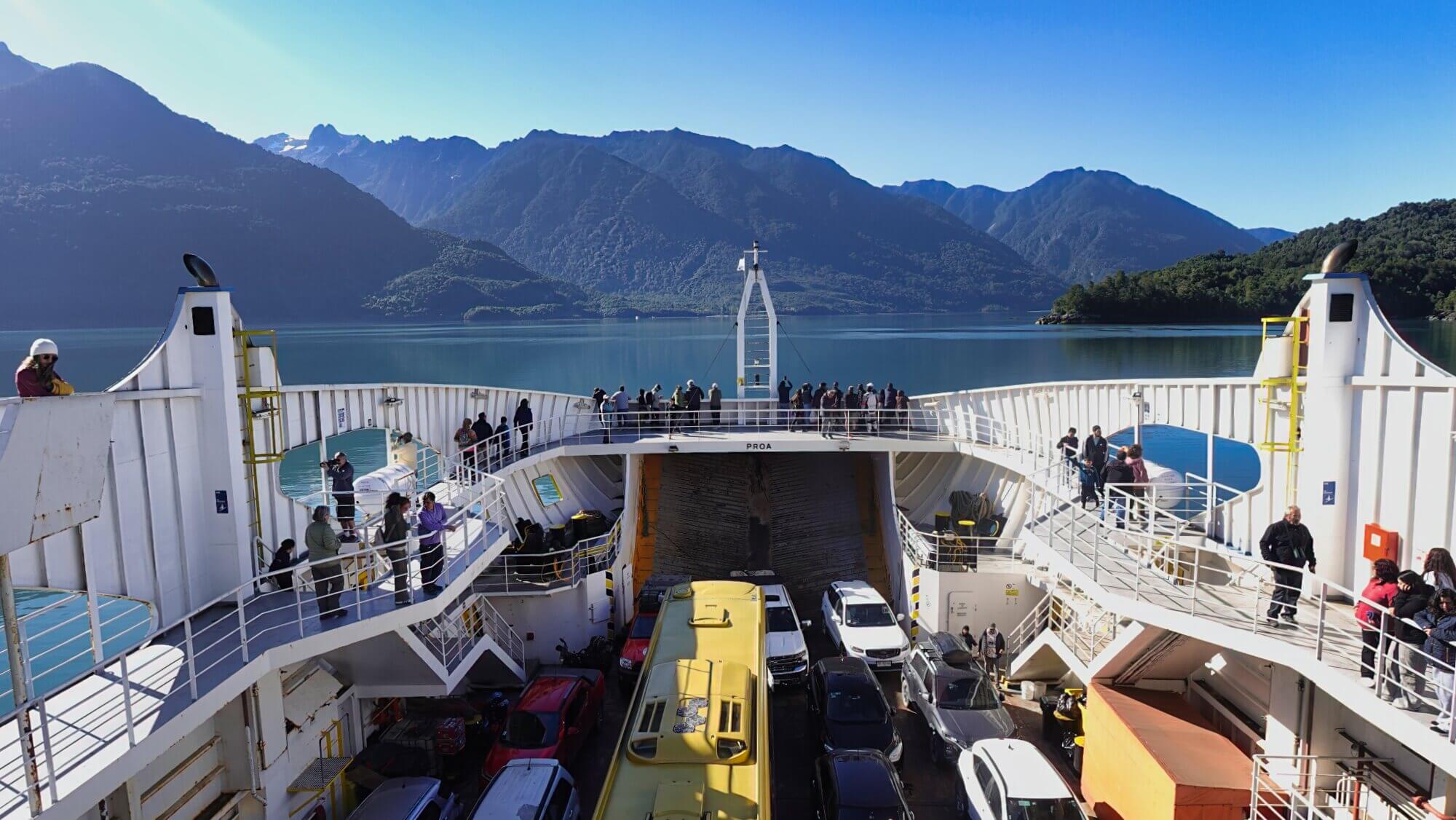 Vehicle ferry crossing a Patagonian fjord on the Carretera Austral in Chile