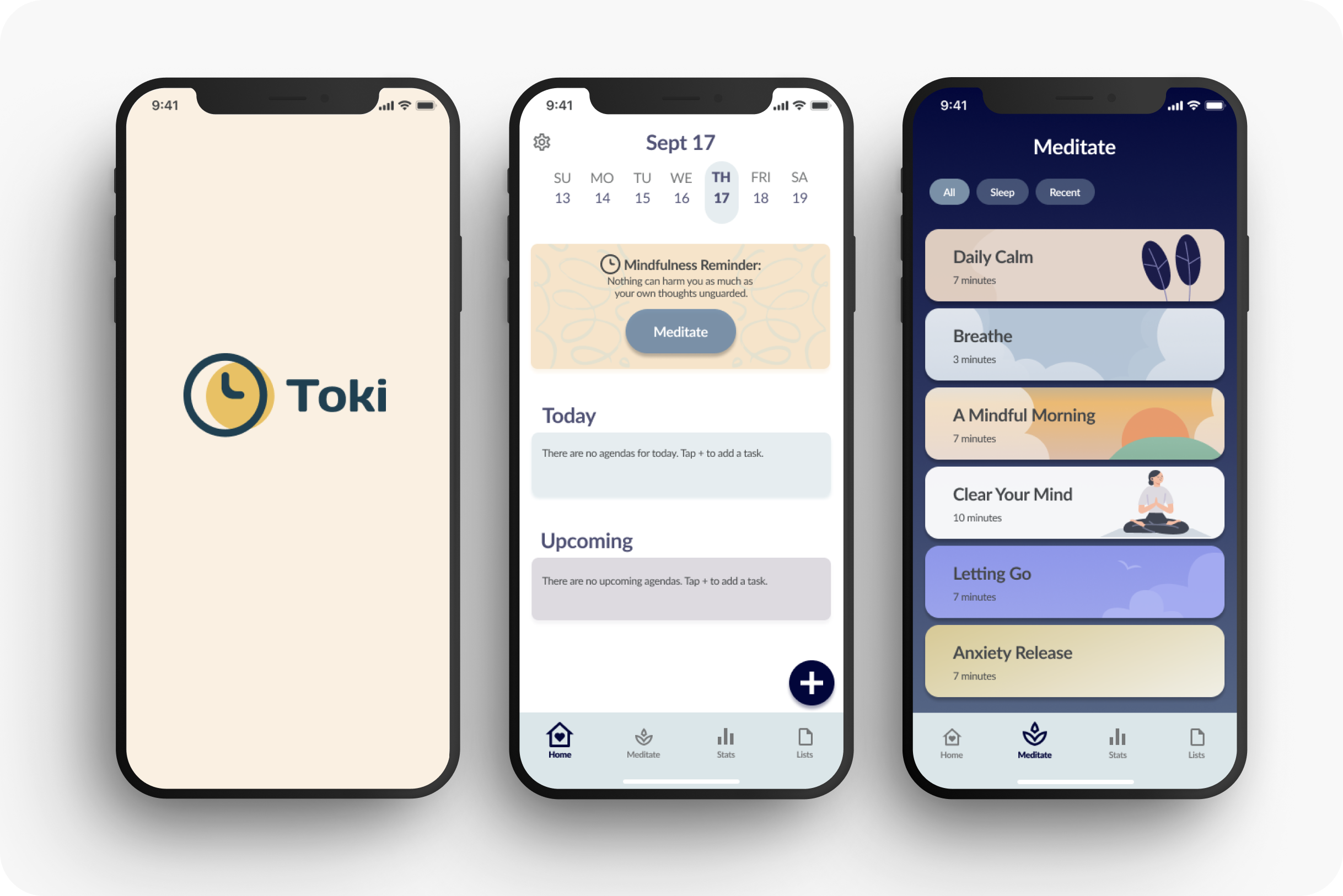 Mobile Mockup Concept Screens of Custom Wellness App called Toki