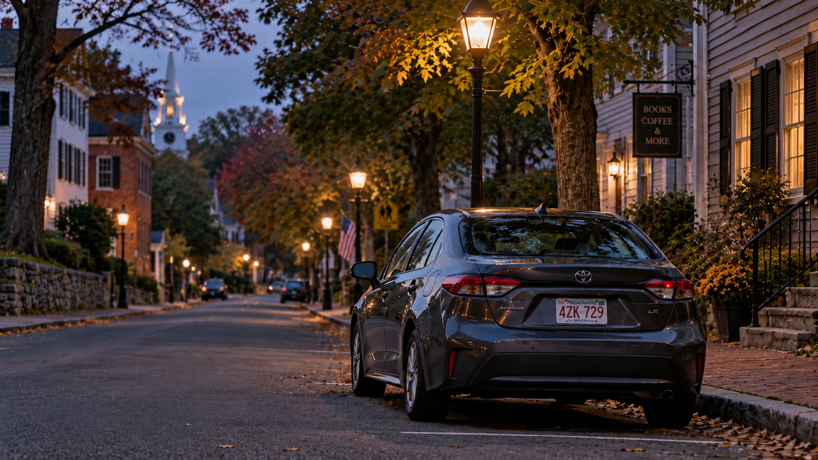 Car parked along a Massachusetts street at dusk.