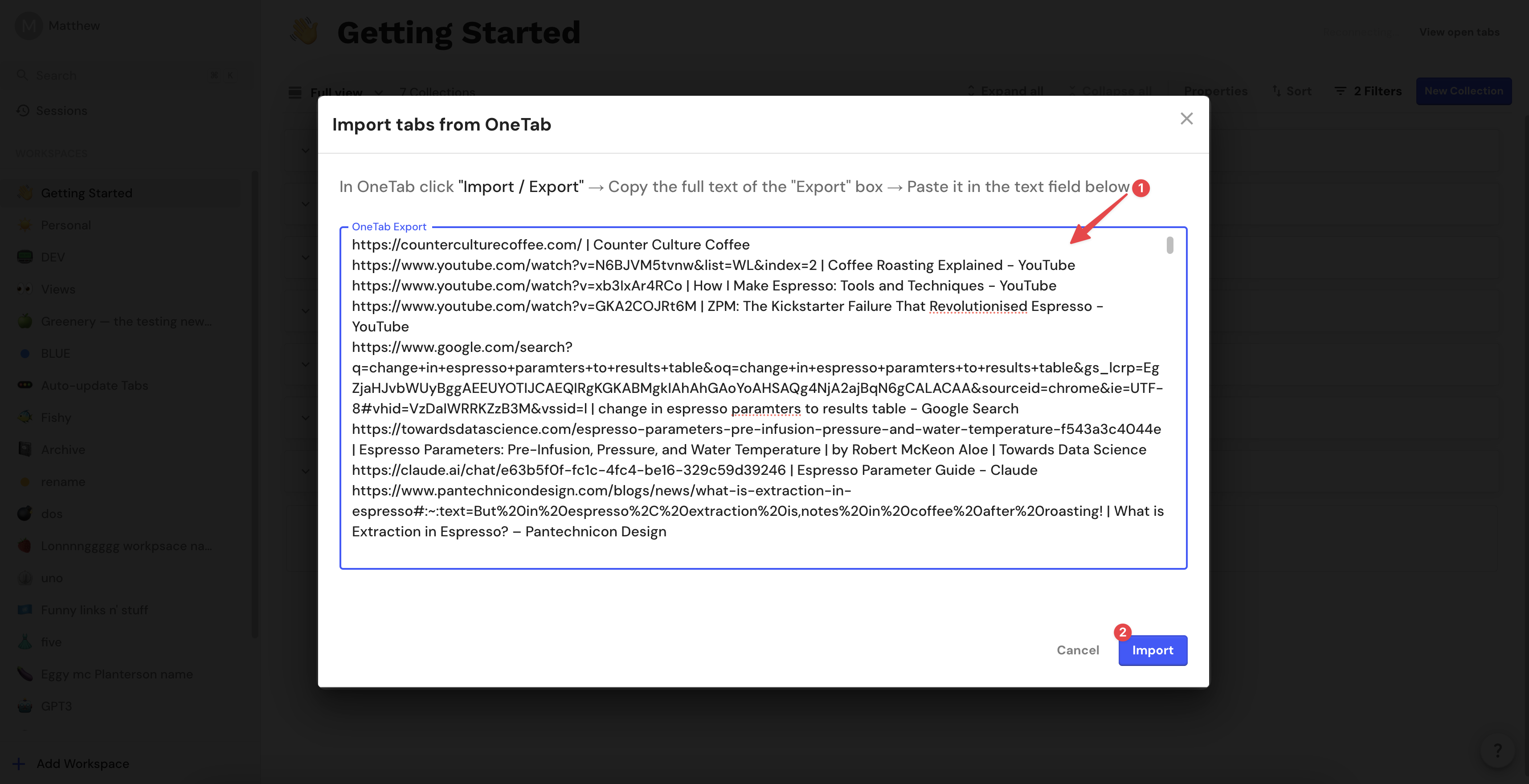 Importing tabs from OneTab into Partizion