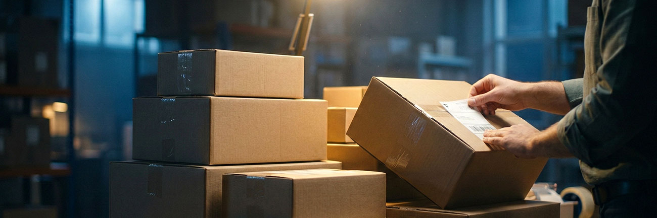 a person labels cardboard shipping boxes in a warehouse