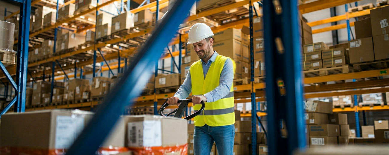 a man pulling a pallet with boxes in a warehouse
