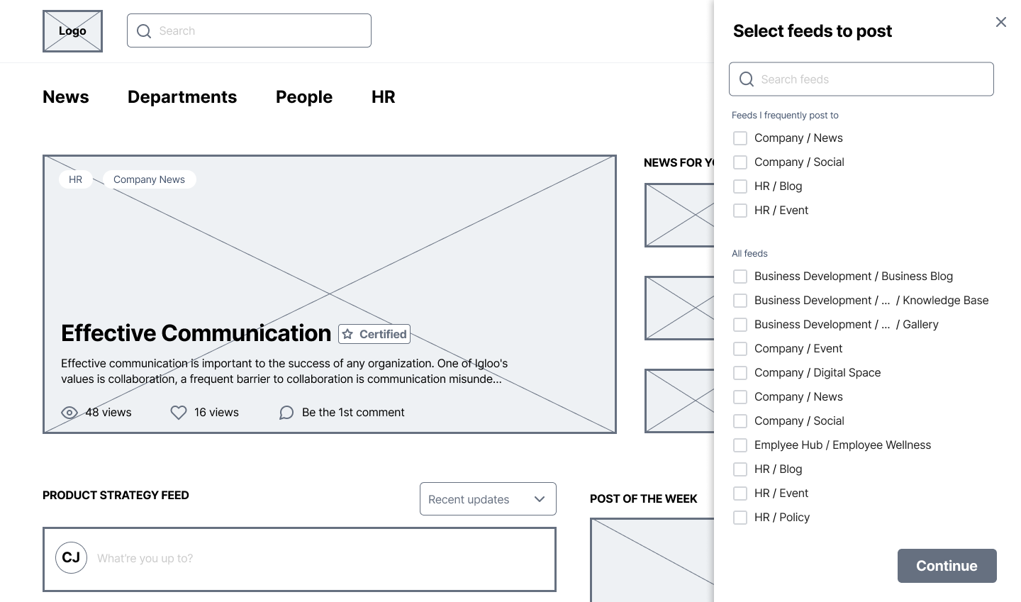 Lofi wireframe - Feed selection