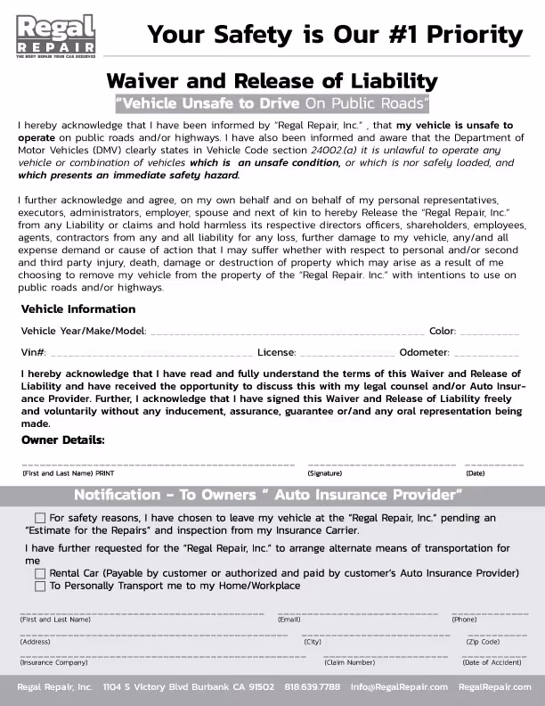 Waiver and release of liability form