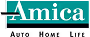 Amica Insurance company logo with white text on a green background.