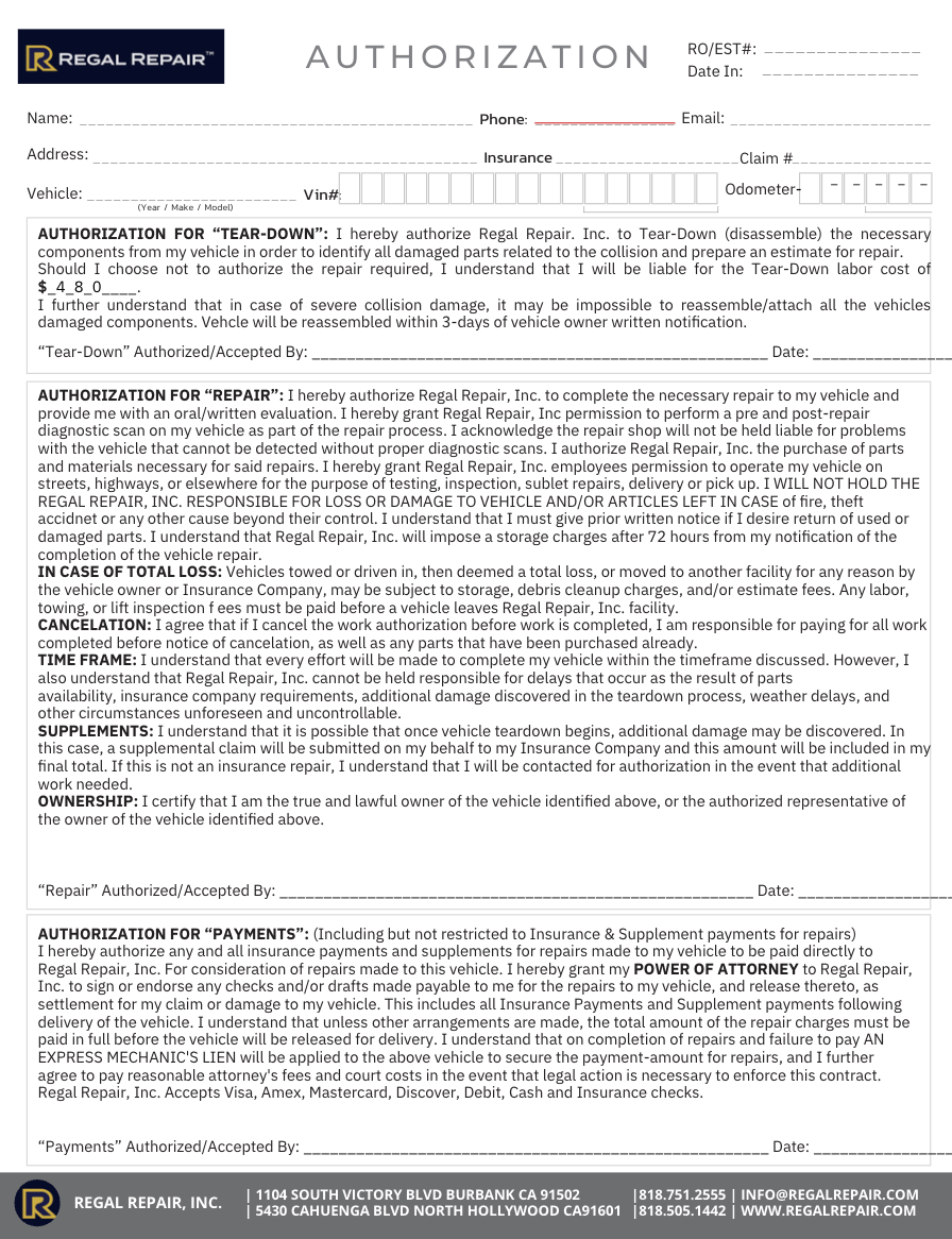 Regal Repair vehicle authorization form for tear-down, repair, and payment with terms and signature lines.