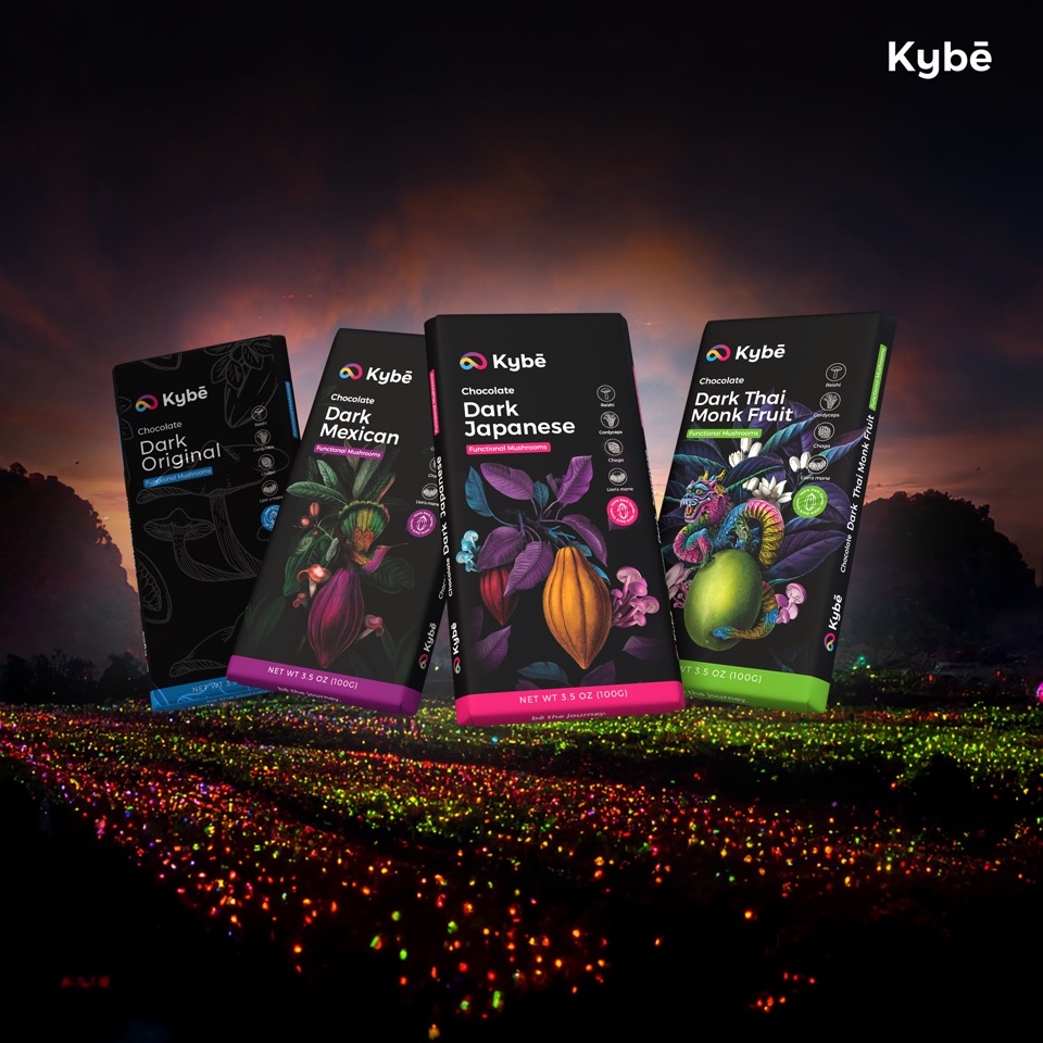 Kybē functional-mushroom chocolate — luxury packaging and identity