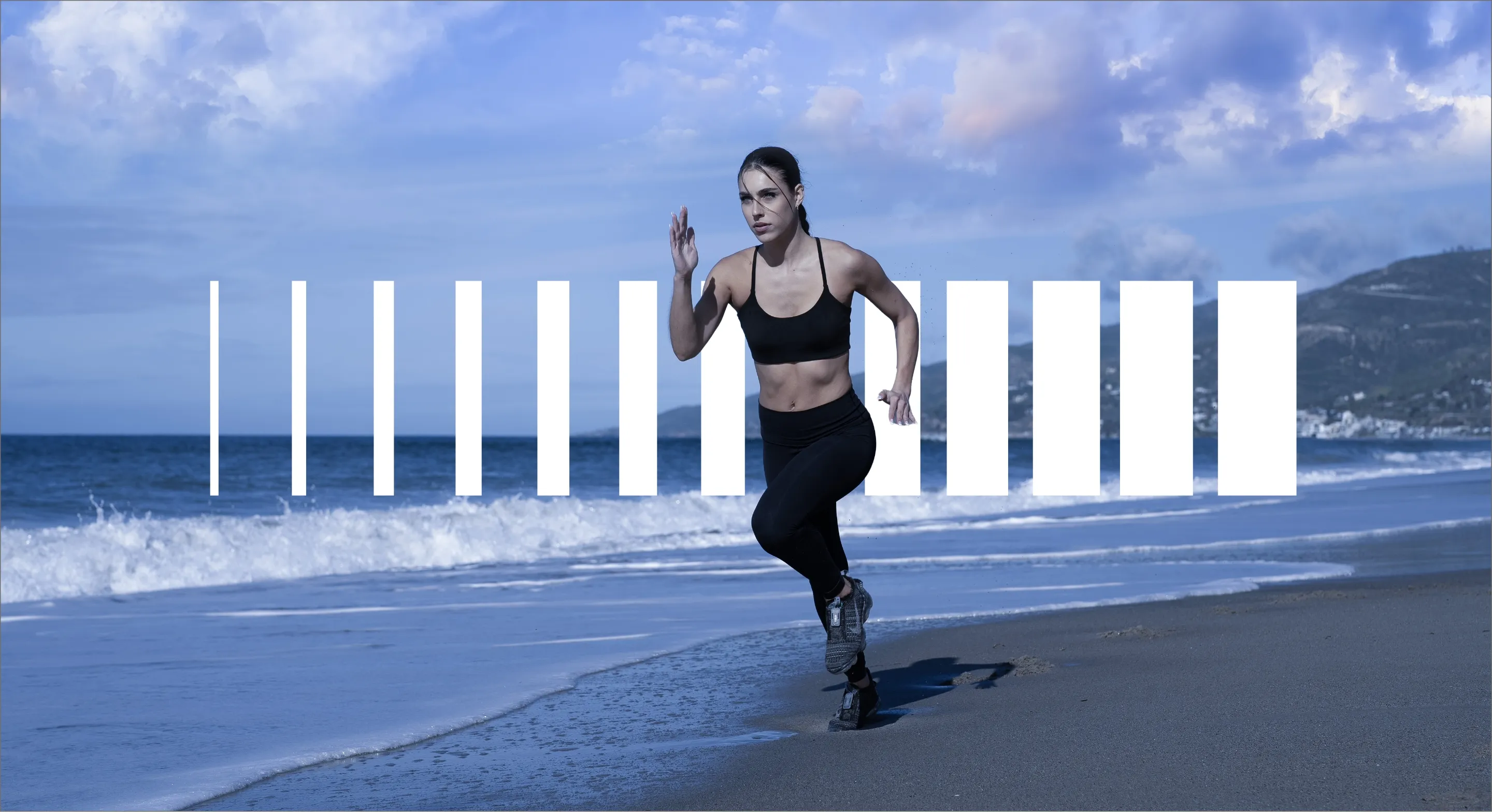 Nuform banner: runner on a beach with the Nu bar graphic
