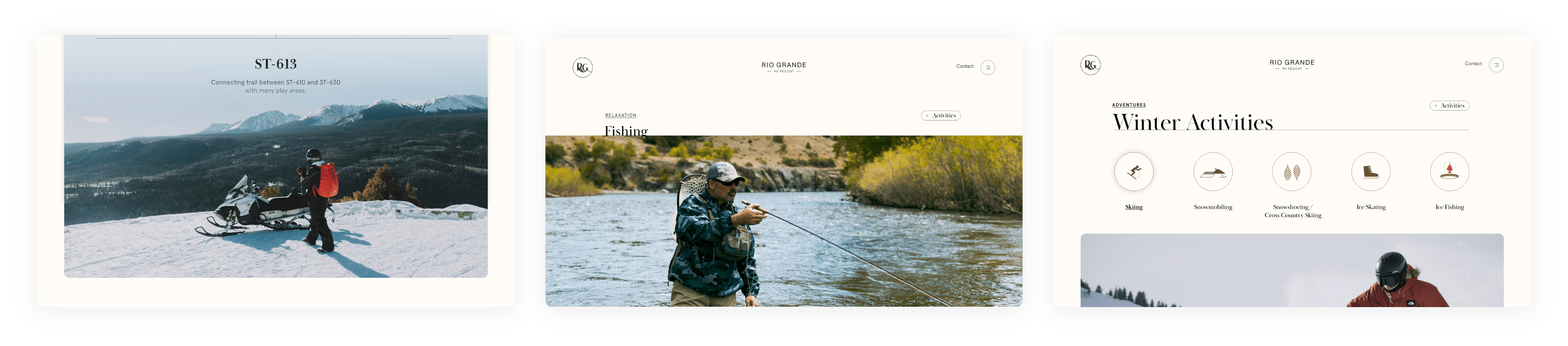 Rio Grande RV Resort website pages on desktop: trails, fishing and winter activities