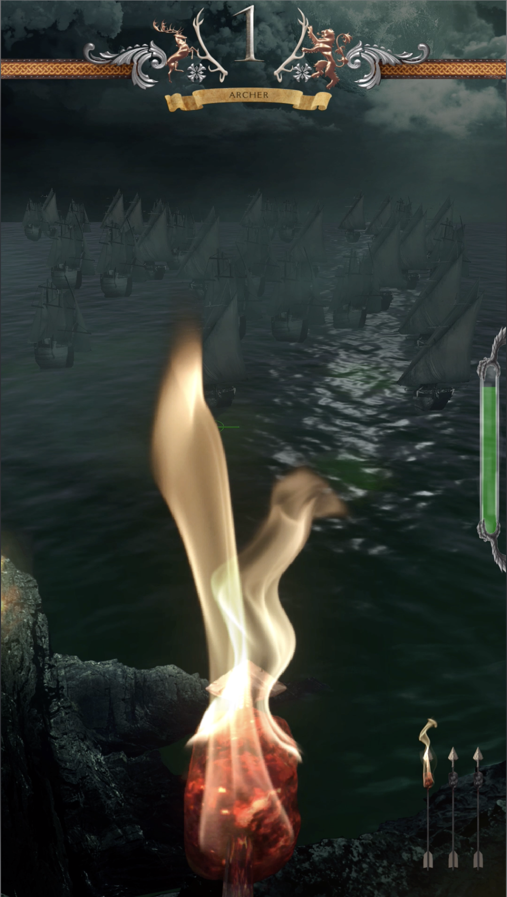 Game play view, as user is assigned a new flaming arrow.